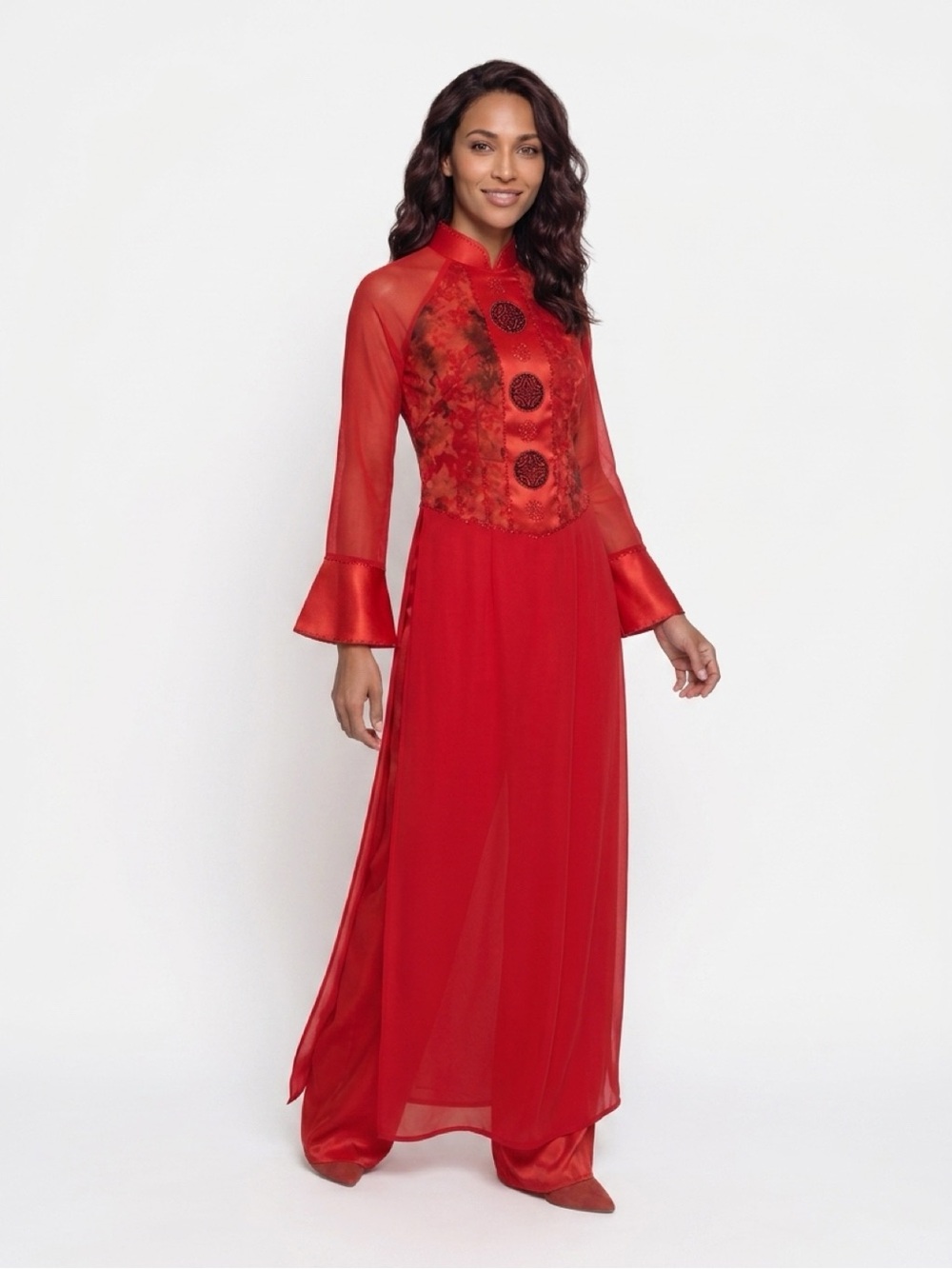 Traditional Vietnamese Áo Dài Set – Red Satin – Size S/M (Fits US 4–6)